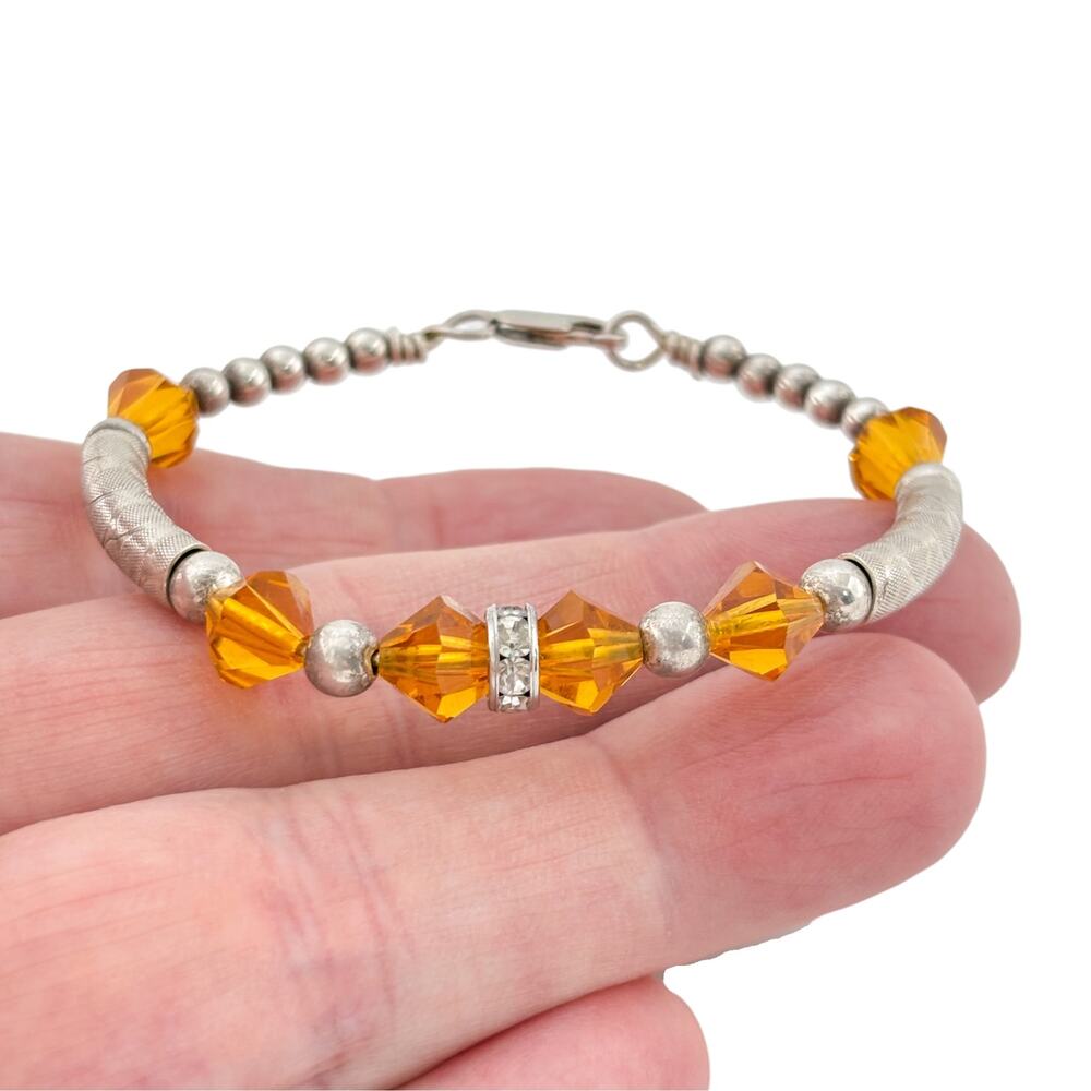 Vintage Sterling Silver 925 Orange Glass Bead Bracelet 6 Inches